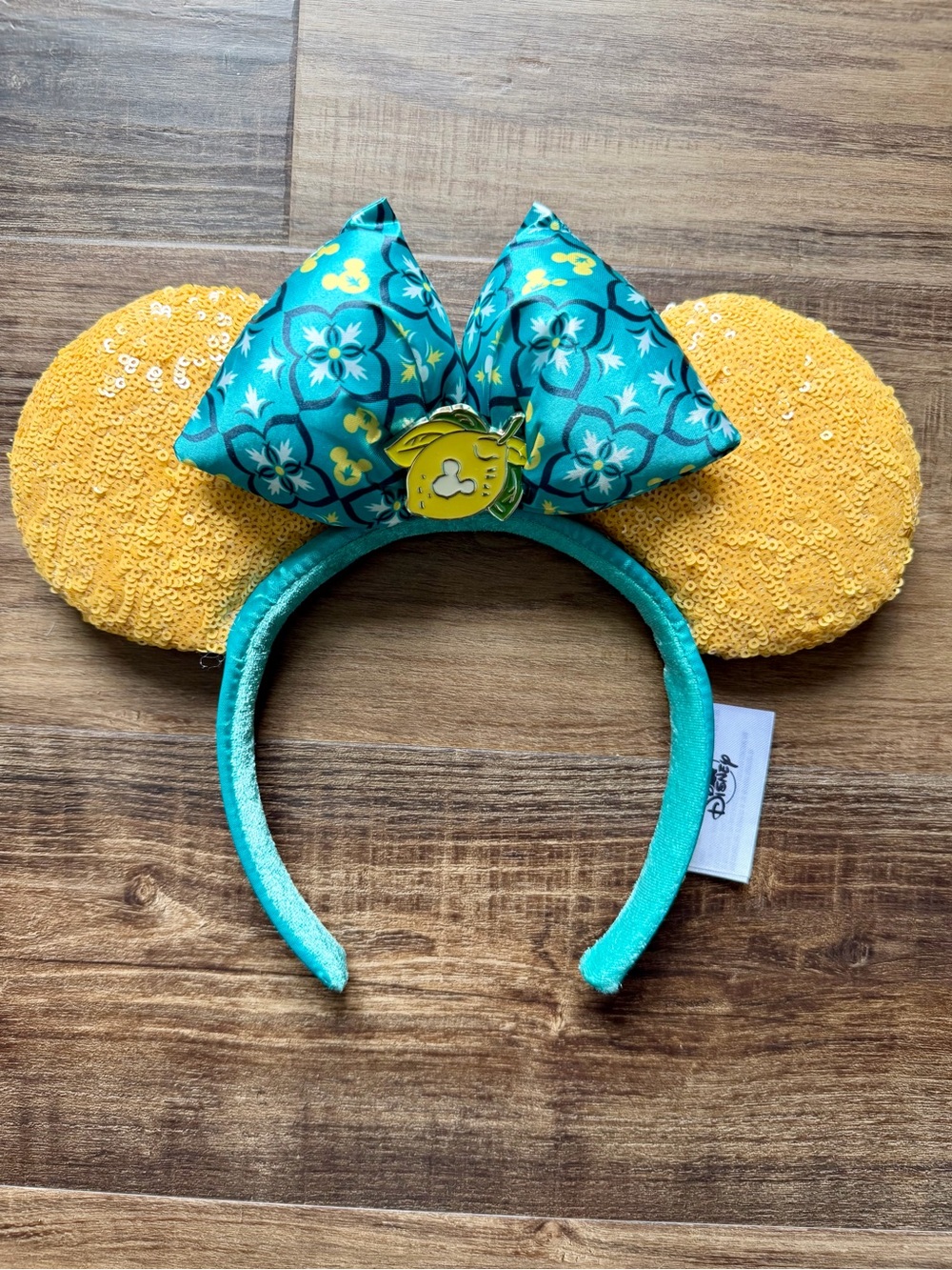 Disney Parks Italy Pavilion Yellow Sequin Minnie Ears w/Teal Floral Bow